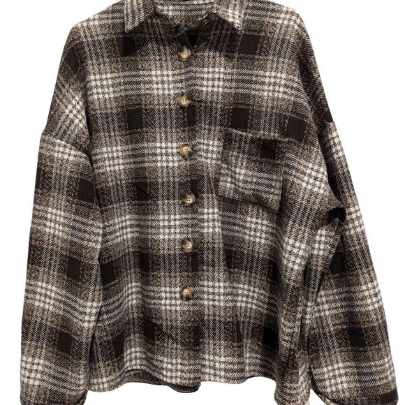 Plaid Flannel Shacket Brown Button-Up Women's Shirt Jacket 2XL Plus Size - Picture 1 of 10